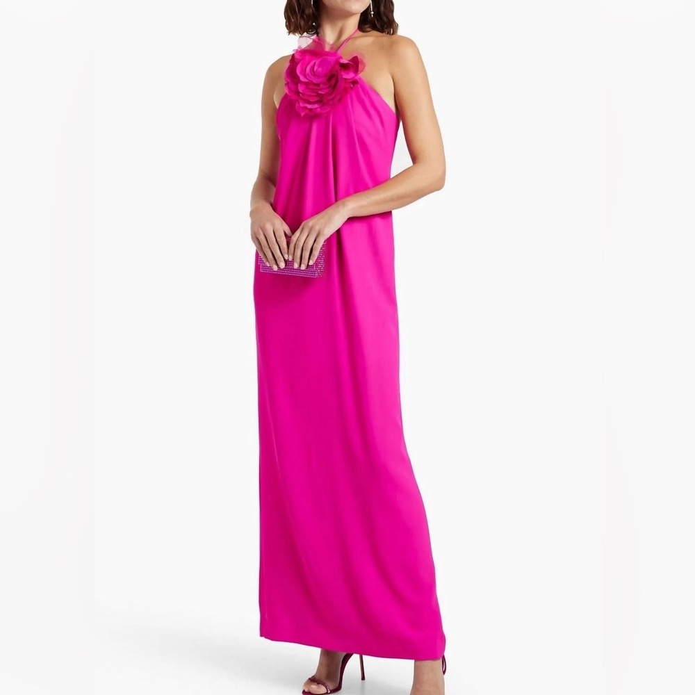 Halston Heritage Hot Pink Halter Maxi Dress with Floral Neck Detail